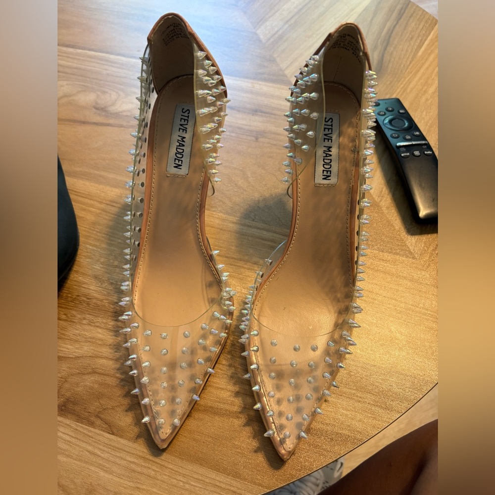 Steve Madden Clear and Tan Studded Heels